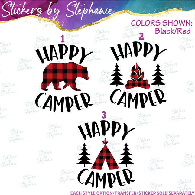 (s03-210) Happy Camper Buffalo Plaid Bear Teepee Campfire Iron-On Transfer