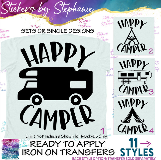 (s03-211) Happy Camper Campfire Tent RV Iron-On Transfer