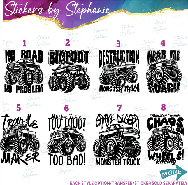 (s03-342) Monster Trucks Iron-On Transfer or Sticker