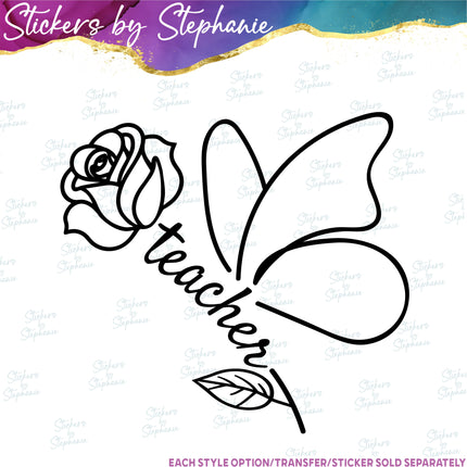(s03-056) Teacher Rose Butterfly Iron-On Transfer