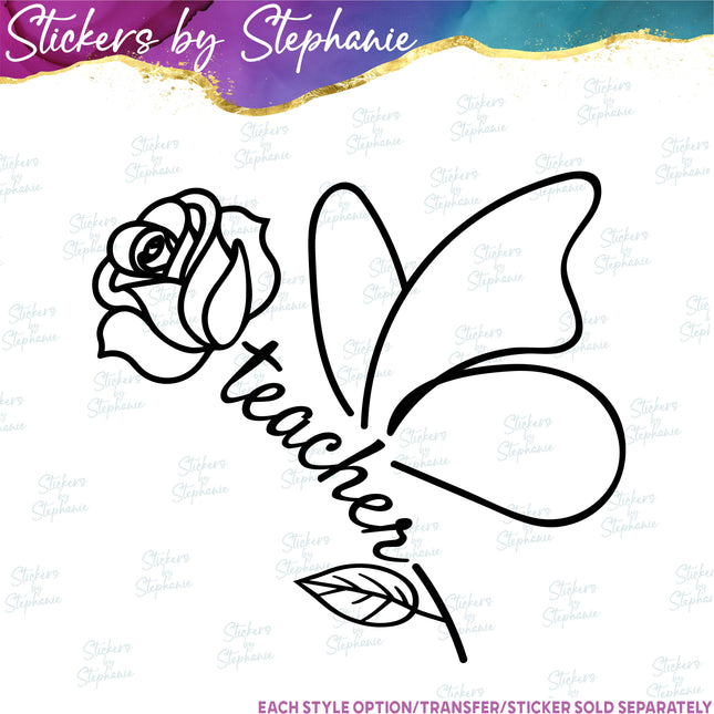 (s03-056) Teacher Rose Butterfly Iron-On Transfer