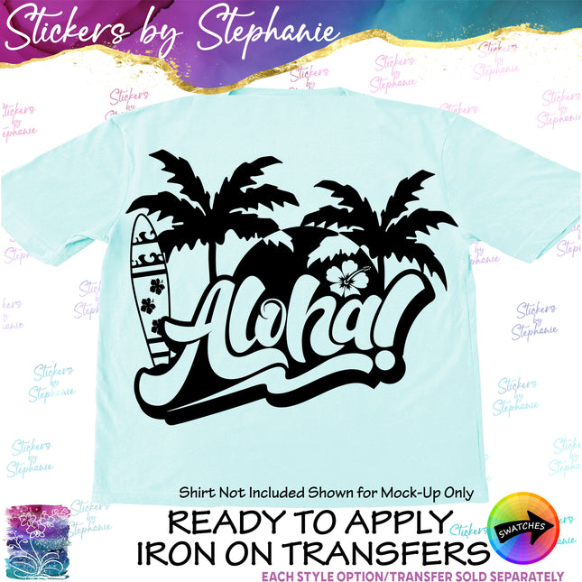 (s03-006) Aloha Palm Trees Surfboard Iron-On Transfer