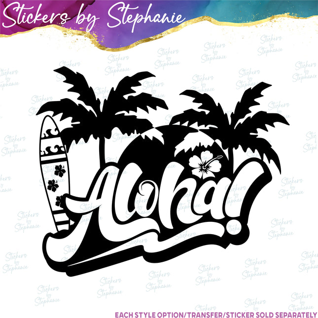 (s03-006) Aloha Palm Trees Surfboard Iron-On Transfer
