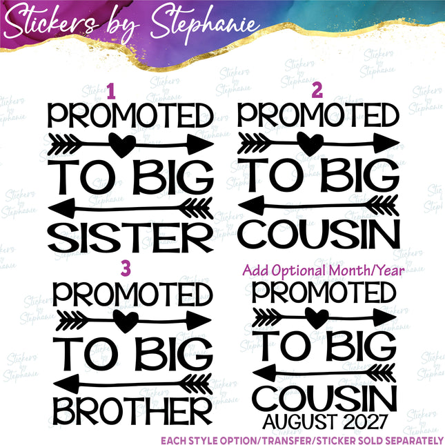 (s03-072) Promoted to Big Sister Cousin Brother Iron-On Transfer or Sticker