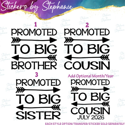 (s03-073) Promoted to Big Brother Cousin Sister Iron-On Transfer or Sticker