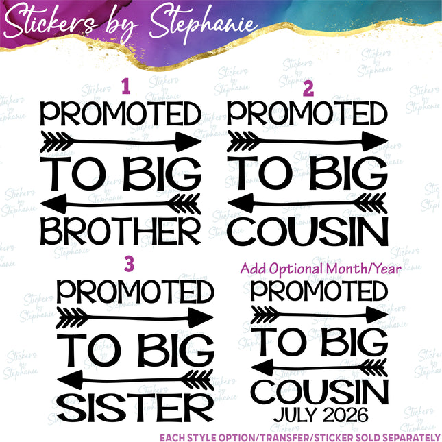 (s03-073) Promoted to Big Brother Cousin Sister Iron-On Transfer or Sticker