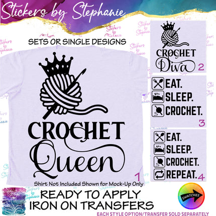 (s03-077) Crochet Queen Diva Eat Sleep Iron-On Transfer or Sticker