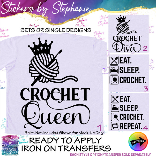 (s03-077) Crochet Queen Diva Eat Sleep Iron-On Transfer or Sticker