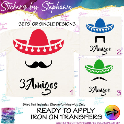 (s03-080) 3 Amigos Sombrero Mustache Iron-On Transfer