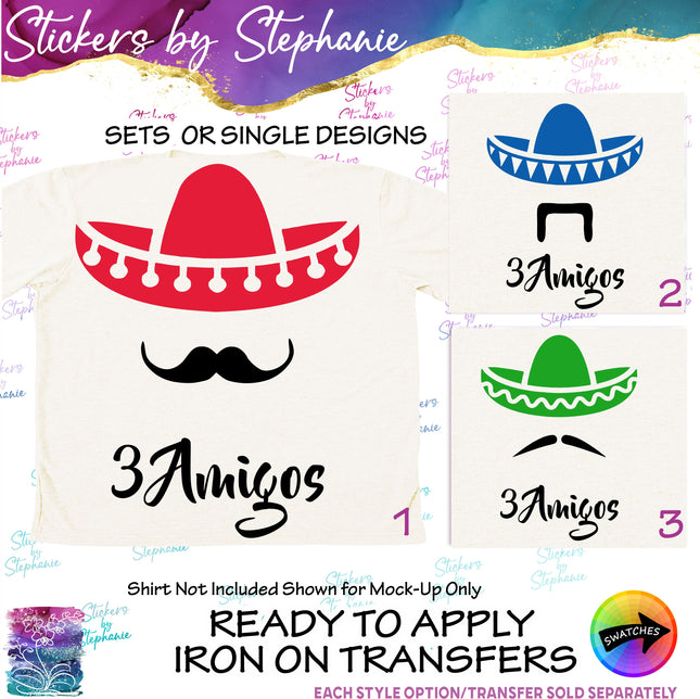 (s03-080) 3 Amigos Sombrero Mustache Iron-On Transfer