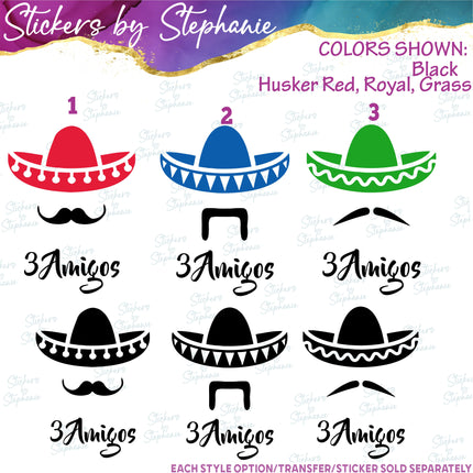 (s03-080) 3 Amigos Sombrero Mustache Iron-On Transfer