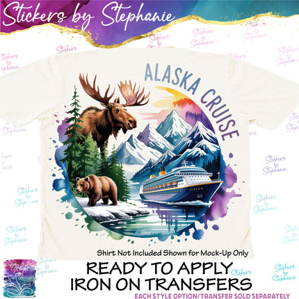 (s04-142) Alaksa Cruise Moose Bear Ship Watercolor Iron-On Transfer or Sticker