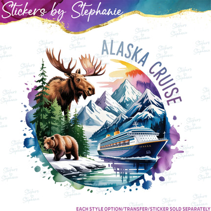 (s04-142) Alaksa Cruise Moose Bear Ship Watercolor Iron-On Transfer or Sticker