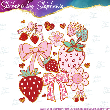 (s04-154) Strawberry Coquette Illustrated Graphic Iron-On Transfer or Sticker