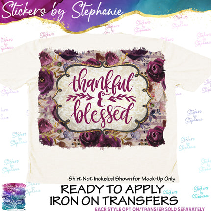 (s04-109) Thankful Blessed Burgundy Floral Iron-On Transfer or Sticker