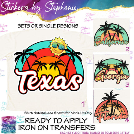 (s04-139) Texas, California, Georgia, Florida, Retro Sunset Iron-On Transfer or Sticker