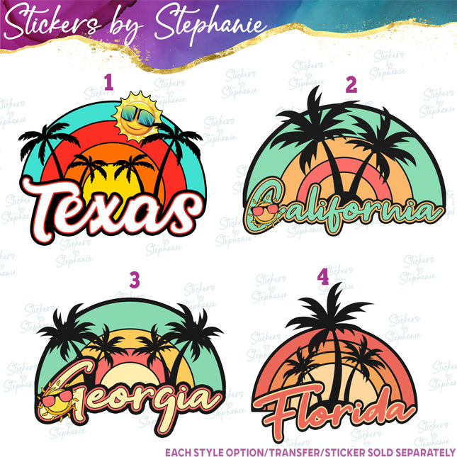 (s04-139) Texas, California, Georgia, Florida, Retro Sunset Iron-On Transfer