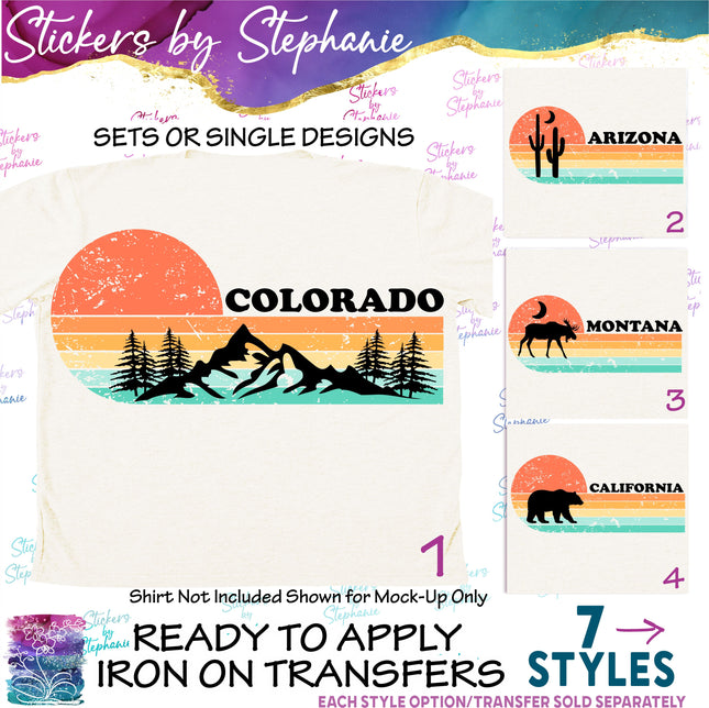 (s04-141) Retro Sunset Mountains, Bear, Moose, Cactus Iron-On Transfer