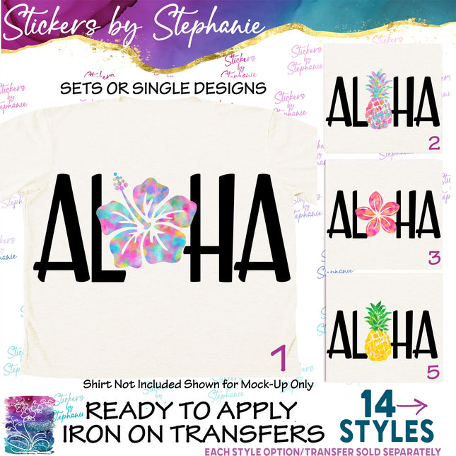 (s04-150) Aloha Pineapple, Hibiscus, Palm Tree Iron-On Transfer