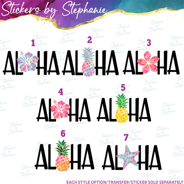 (s04-150) Aloha Pineapple, Hibiscus, Palm Tree Iron-On Transfer