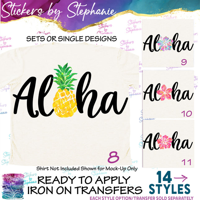 (s04-151) Aloha Pineapple, Hibiscus, Palm Tree Iron-On Transfer