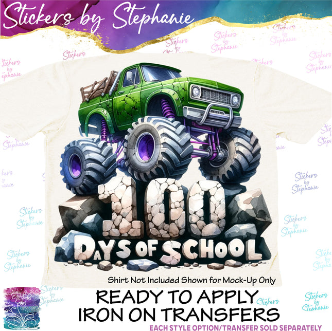 (s04-019) Monster Truck Crushed 100 Days of School Iron-On Transfer