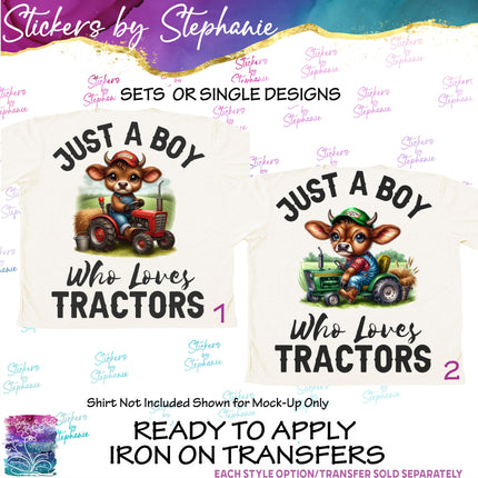 (s04-043) Just a Boy Who Loves Tractors, Cow Iron-On Transfer or Sticker