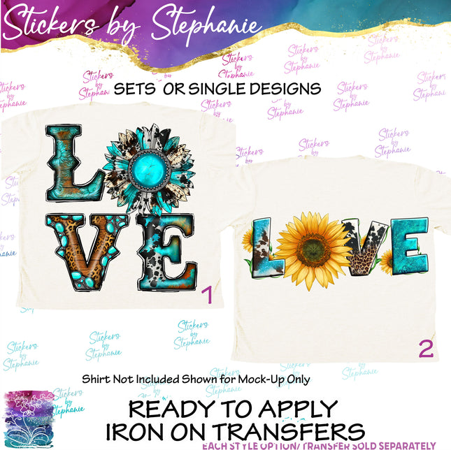 (s04-007) Love, Turquoise, Sunflower Western Boho Iron-On Transfer