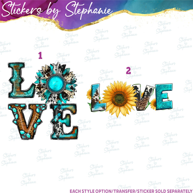 (s04-007) Love, Turquoise, Sunflower Western Boho Iron-On Transfer
