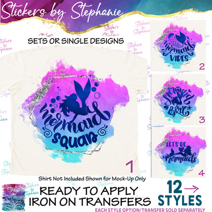 (s04-073) Mermaid Squad, Girl, Vibes Watercolor Iron-On Transfer or Sticker