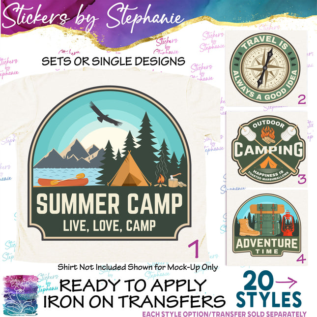 (s04-096) Camping, Summer Camp Adventure Badges Iron-On Transfer