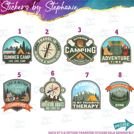 (s04-096) Camping, Summer Camp Adventure Badges Iron-On Transfer or Sticker