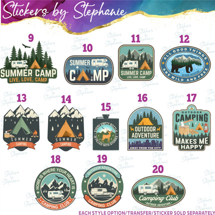 (s04-096) Camping, Summer Camp Adventure Badges Iron-On Transfer or Sticker