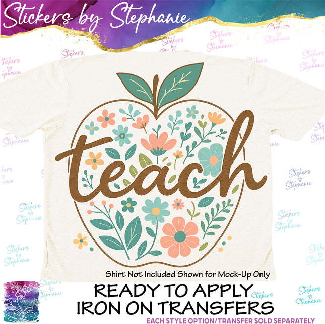 (s04-099) Teach Retro Floral Apple Iron-On Transfer
