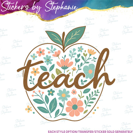 (s04-099) Teach Retro Floral Apple Iron-On Transfer or Sticker