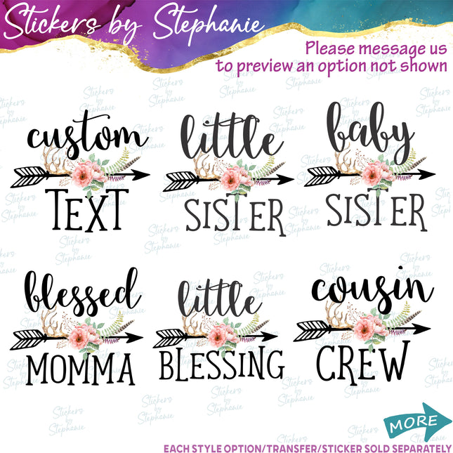 (s06-011) Floral Arrow Custom Text Iron-On Transfer