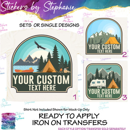 (s06-012) Camping Logo Mountains Custom Text Iron-On Transfer or Sticker