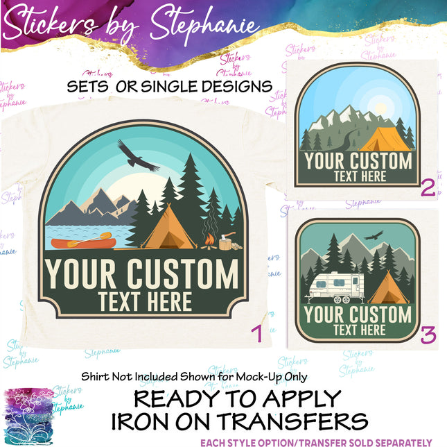(s06-012) Camping Logo Mountains Custom Text Iron-On Transfer