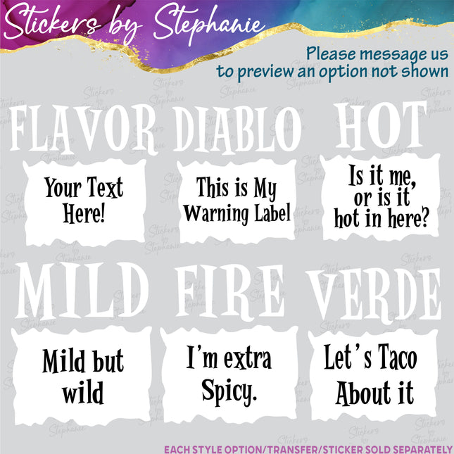 (s06-015) Funny Taco Sauce Packet Phrases Custom Iron-On Transfer