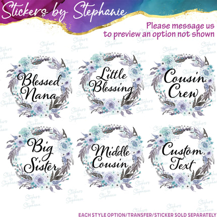 (s06-016) Lavender Floral Wreath Custom Text Iron-On Transfer or Sticker