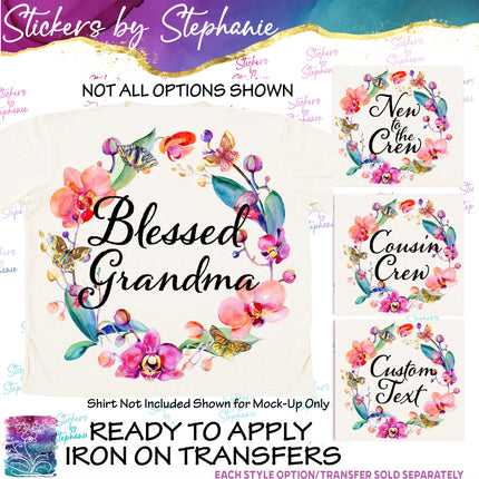 (s06-017) Orchid Floral Wreath Custom Text Iron-On Transfer or Sticker
