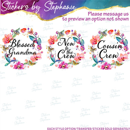 (s06-017) Orchid Floral Wreath Custom Text Iron-On Transfer or Sticker