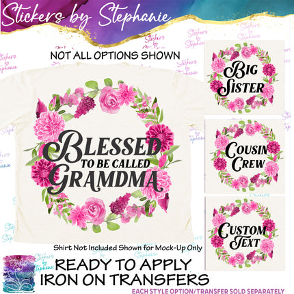 (s06-018) Dahlia Flower Wreath Custom Text Iron-On Transfer