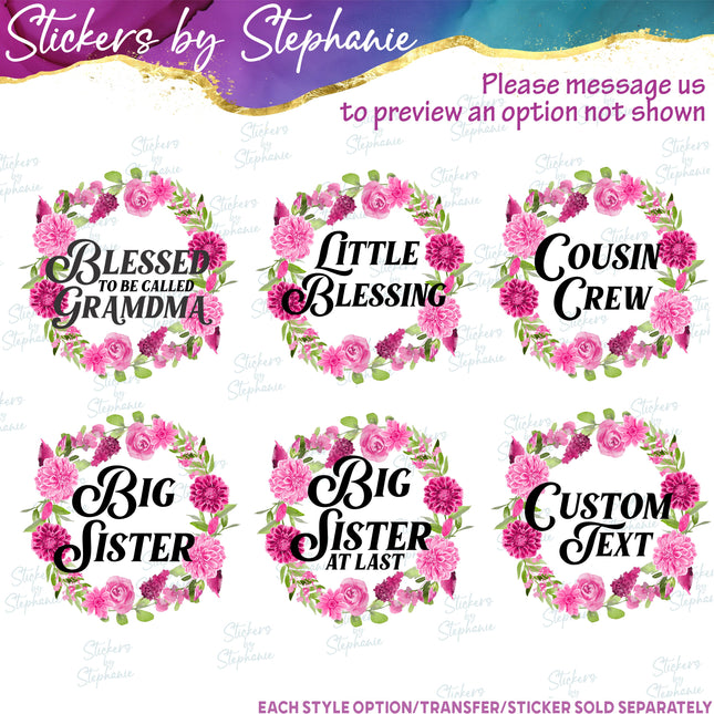 (s06-018) Dahlia Flower Wreath Custom Text Iron-On Transfer