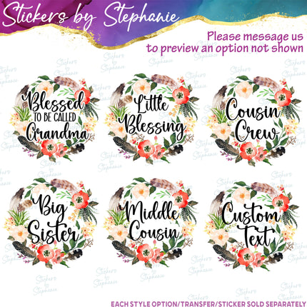 (s06-020) Poppy Flower Feather Wreath Custom Text Iron-On Transfer or Sticker
