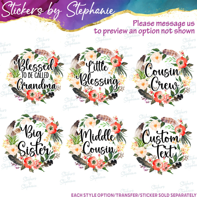 (s06-020) Poppy Flower Feather Wreath Custom Text Iron-On Transfer