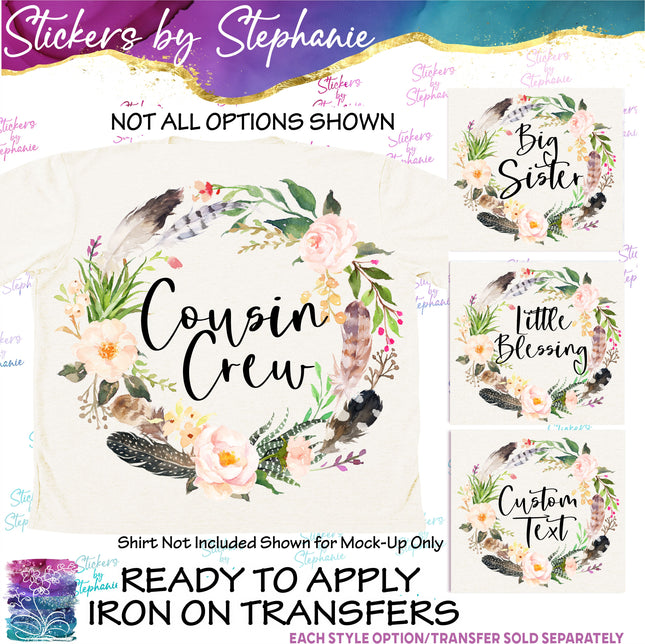 (s06-021) Flowers Floral Wreath Feathers Custom Text Iron-On Transfer