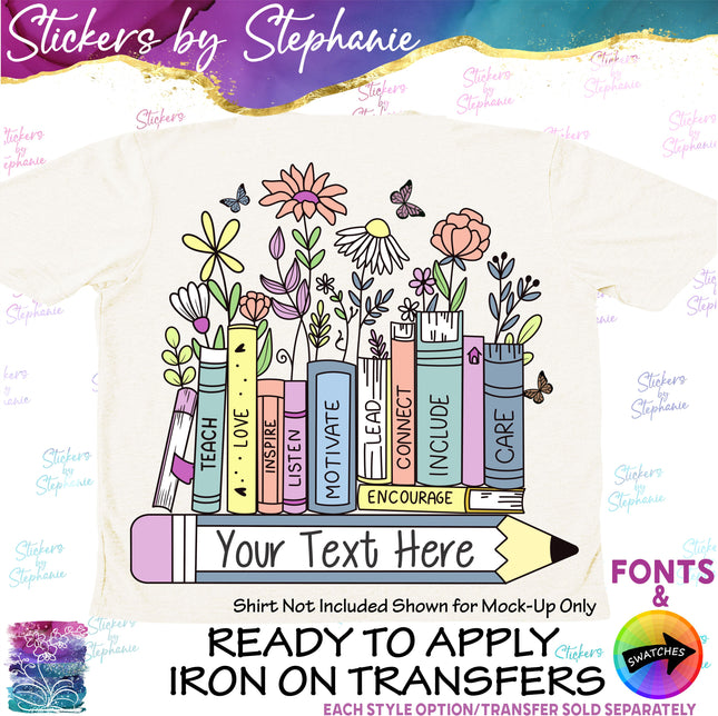 (s06-026) Floral Books Teacher Student Name Custom Iron-On Transfer