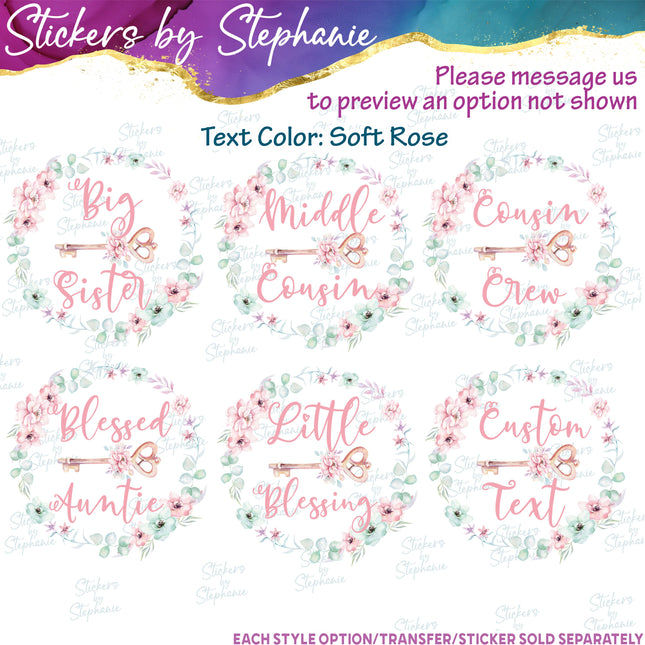 (s06-035) Floral Wreath Key Custom Text Iron-On Transfer