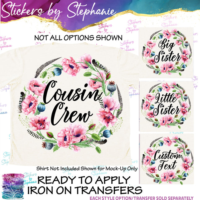 (s06-036) Pink Poppies Floral Wreath Custom Text Iron-On Transfer